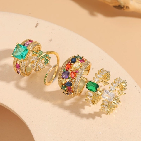Geometrischer Monstera Blatt Offener Ring Kupfer Vergoldet Bunter Zirkonia Verstellbarer Luxus Schmuck Für Frauen