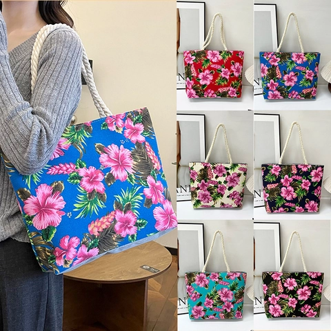 Floral Canvas Tote Bag Hibiscus Print Large Capacity Rope Handle Vacation Beach Shoulder Bag For Women Zipper Closure