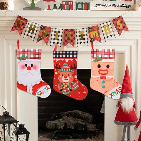 Christmas Stockings Large Brushed Fabric Plaid Cuff Hanging Gift Bags For Holiday Fireplace Tree Decoration Cartoon Santa