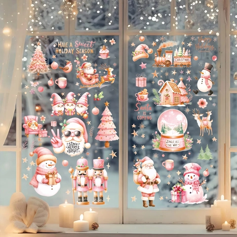 Pegatinas Navideñas Para Ventanas Estáticas De PVC Impermeables Acuarela Rosa Pastel Papá Noel Muñeco De Nieve Calcomanías