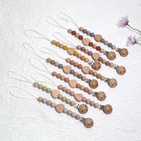 Baby Pacifier Clip And Teether Silicone Beads Beech Wood Anti-Drop Chain Handmade Morandi Color Infant Newborn