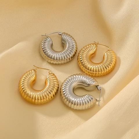 Chunky Hoop Ohrringe Edelstahl 18K Vergoldet Gerippt Gedreht Hohl Croissant Stil Vintage Schmuck Für Damen