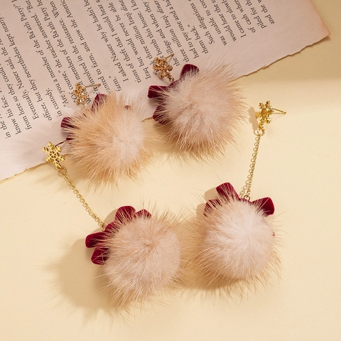 Schneeflocken Schleife Ohrhänger Mit Silberstecker Samt Nerzpelz Bommel Winter Weihnachten Schmuck Für Damen