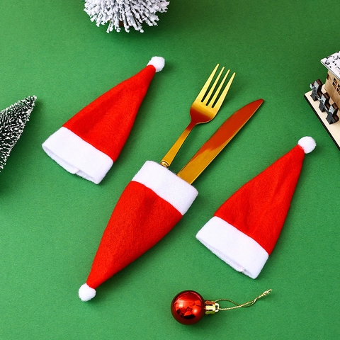 Mini Cappelli di Natale Portaposate Copribottiglie di Vino Tessuto Spazzolato Motivo a Quadri Per Decorazione Tavola Festa