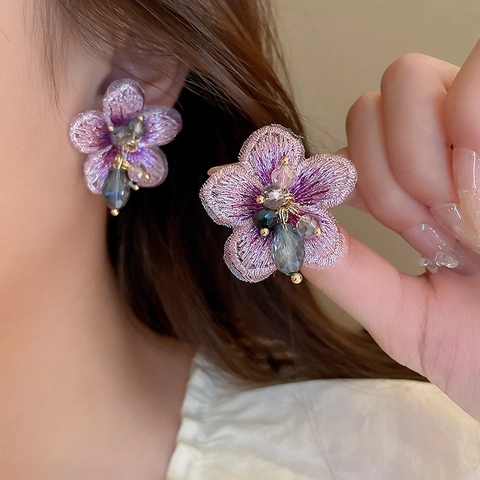 Elegant Purple Embroidery Fabric Flower Stud Earrings With Silver Earring Post Artificial Crystal Bead Decor For Women