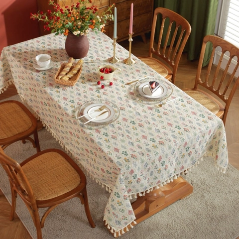 French Retro Tablecloth Bamboo Slub Linen Floral Print Rectangular Table Cloth With Ruffle Tassel For Kitchen Party Dining Room Home Decor