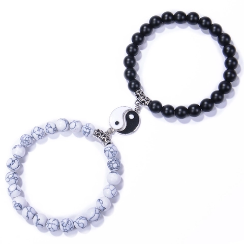 Yin Yang Taiji Perlenarmbänder Für Paare Naturstein Mattschwarzer Stein Und Howlith Legierung Anhänger Elastische Kordel