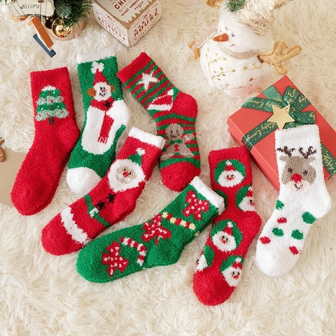 Calcetines De Navidad Mujeres Forro Polar Coral Espesado Cálido Suelo Interior Dormir Dibujos Animados Papá Noel Reno Regalo