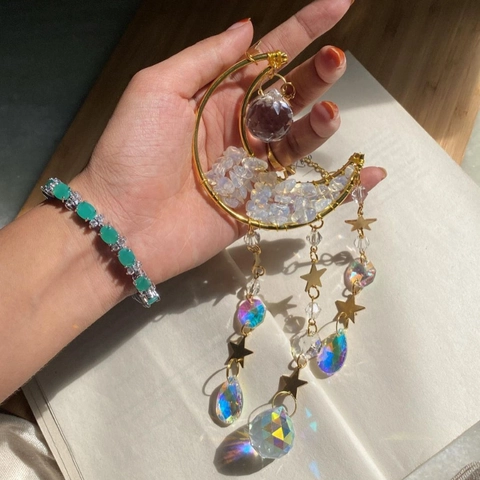 Natural Crystal Sun Catcher Moon Star Hanging Ornament Gold Metal Frame Rainbow Maker For Home Window Garden Decor