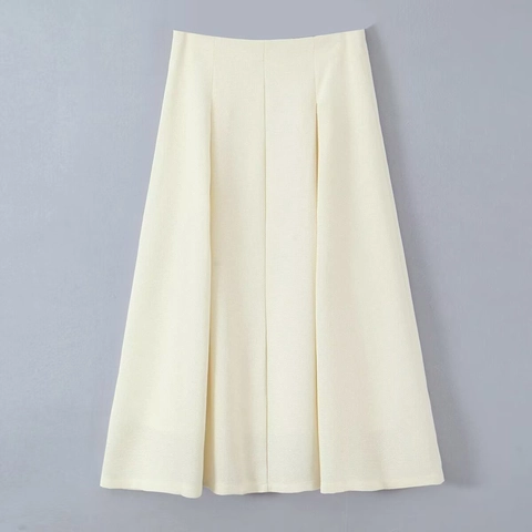 Falda Midi Línea A Para Mujer Cintura Alta Texturizada Color Sólido Estilo Callejero Elegante Poliéster Blanco Crema