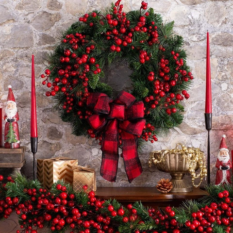 Ghirlanda Di Natale Artificiale Bacche Rosse Fiocco A Quadretti Ghirlanda Di Pini Rustica Per Decorazione Porta E Parete