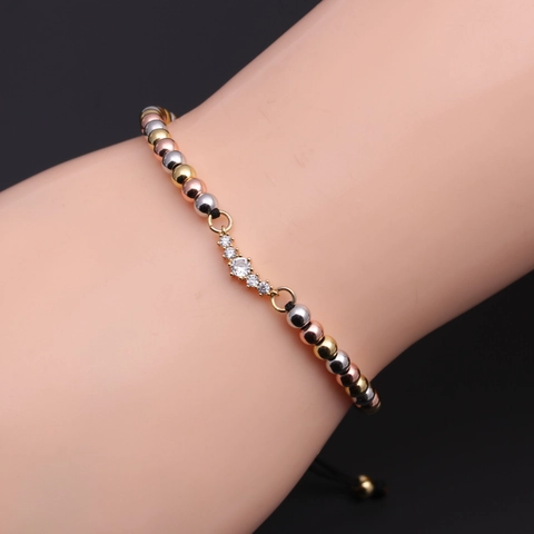Adjustable Copper Cubic Zirconia Bead Bracelet With Geometric Inlaid Charm Colored Braided String Jewelry For Women