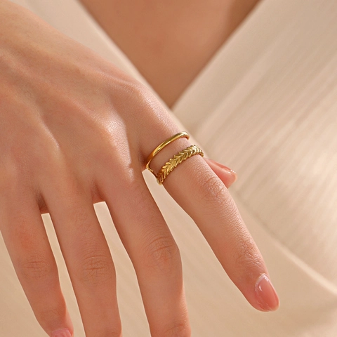 Anillo De Acero Inoxidable De Doble Capa Textura Espiga De Trigo Banda Abierta Ajustable Joyería De Moda Mujer