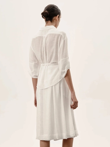 Women White Lyocell Polyester Crinkle Button Up Shirt And Wide Leg Cropped Pants Tie Waist Solid Color Relaxed Fit