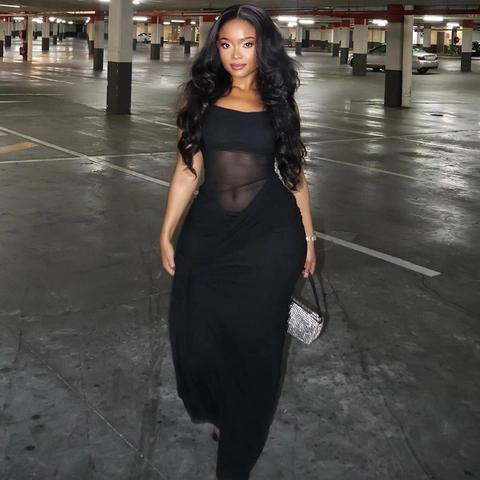 Black Mesh Patchwork Maxi Dress See Through Waist Ruched Bodycon Spaghetti Strap Streetwear Sexy Solid