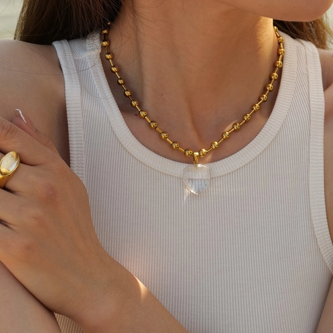 Collar Con Colgante De Corazón Acero Inoxidable Chapado En Oro De 18K Piedra Rosa Transparente Cadena De Bolas Joyería Mujer