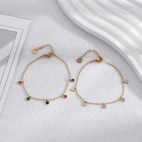 French Design Round Zirconia Titanium Steel Bracelet Women Elegant Gold Plated Jewelry Multicolor Stone Station Chain Bracelet