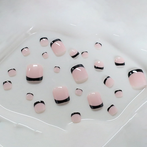 Glossy French Press On Toenails Short Square Black Lines Nude Pink False Nails For Women Daily Wearable Foot Art