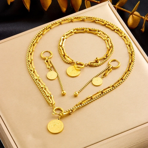 Ensemble Collier Bracelet Boucles Oreilles Acier Inoxydable Plaqué Or Vintage Rétro Pendentif Pièce Étoile Bijoux Femme