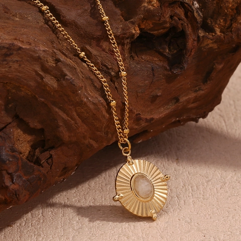 18K Gold Plated Stainless Steel Natural Stone Oval Pendant Necklace For Women Radial Etched Sunburst Pattern Vintage Fashion Jewelry