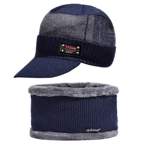 Winter Beanie Muts En Sjaal Fleece Gevoerd Warme Gebreide Pet Met Klep Voor Heren Outdoor Winddicht Verdikt Accessoires