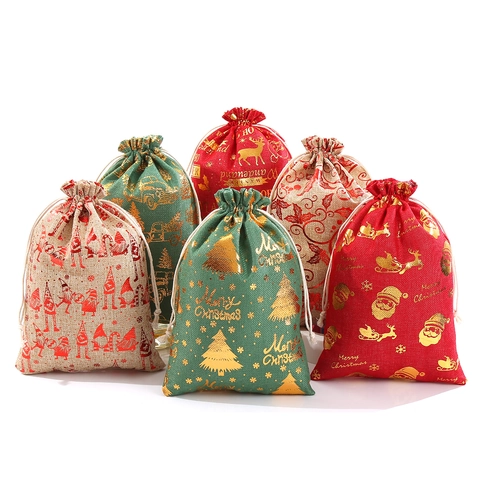 Christmas Drawstring Gift Bags Cotton Linen Burlap Texture Bronzing Foil Print Candy Storage Packaging Holiday Party New Year Festive