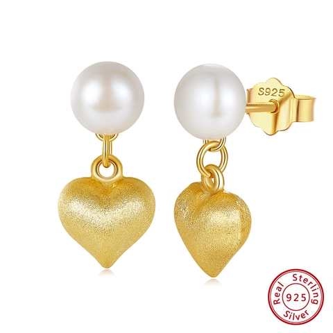 925 Sterling Silver Freshwater Pearl Heart Drop Earrings For Women Frosted Gold Heart Pendant Earrings Fashion Jewelry Gift