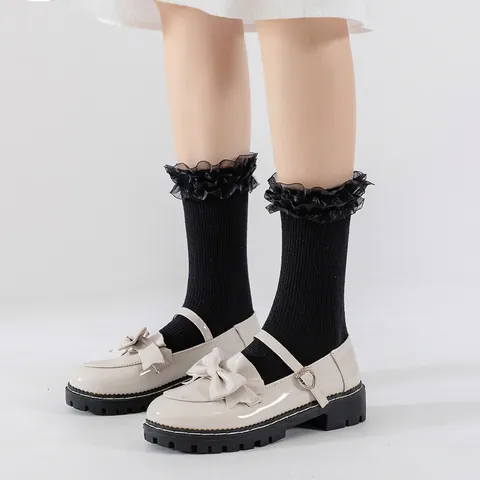 Women Sweet Lolita Style Calf High Socks With Double Layer Lace Ruffle Trim Ribbed Knit Organza Frill Stockings For Daily