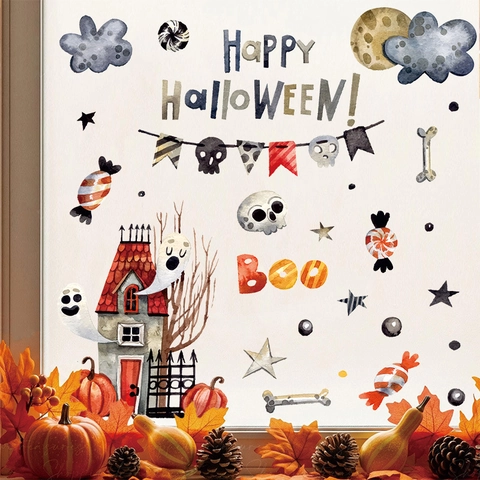 Halloween Window Stickers Cute Ghost Pumpkin Bats Static Cling Decals For Glass Watercolor Party Decoration PVC Waterproof