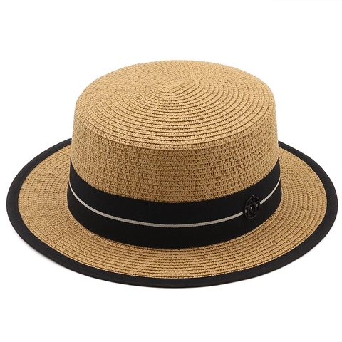 Cappello Canotier Donna Paglia Intrecciata Nastro Piatto Protezione UV Estate Spiaggia Cappello Sole Francese Vintage Elegante