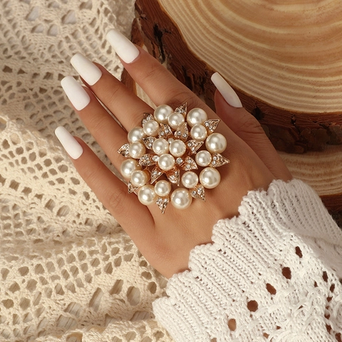 Vintage Flower Statement Ring Alloy Rhinestone Faux Artificial Pearl Adjustable Finger Jewelry Women Fashion