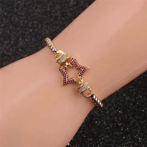 Women Star Pendant Bracelet Copper Gold Plated With Red Braided Rope And Zirconia Adjustable Hip Hop Boho Jewelry
