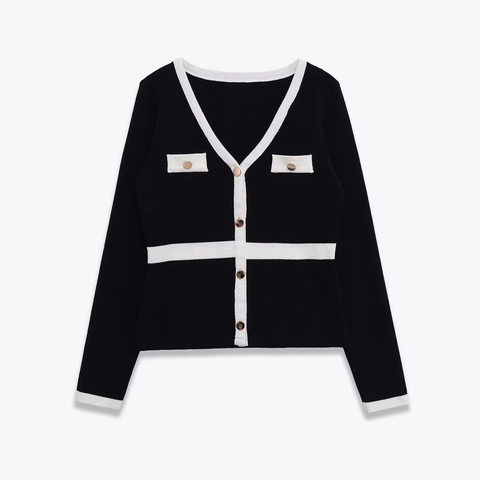 Cardigan Tricoté À Col En V Pour Femmes Bordure Contrastée Manches Longues Boutons Dorés Haut En Polyester Spandex