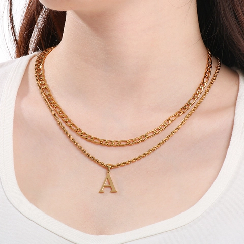 Double Layered Necklace Stainless Steel Letter A Pendant Figaro Twist Chain Minimalist Fashion Jewelry Unisex