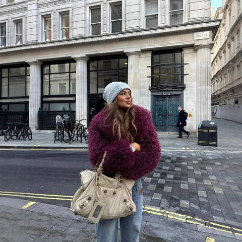 Women Faux Fur Jacket Short Coat Elegant Lapel Long Sleeve Warm Polyester Outerwear Solid Color Burgundy