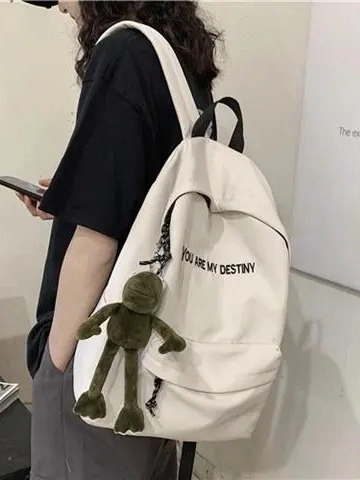 Canvas Backpack Large Capacity Waterproof Schoolbag With Frog Pendant Korean Harajuku Style For Students Casual Travel