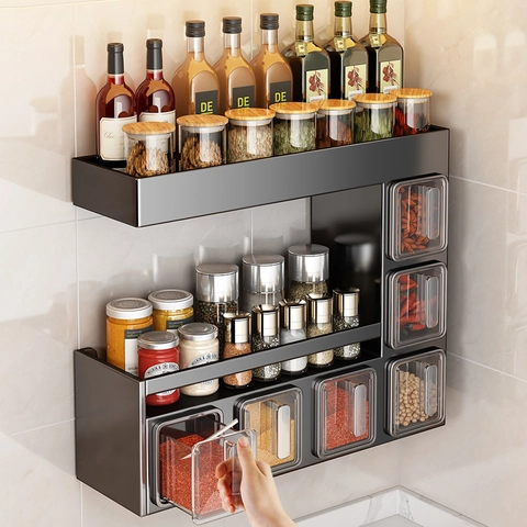Wall Mounted Kitchen Spice Rack Carbon Steel Seasoning Organizer With Transparent Compartments Drill Free Gun Grey