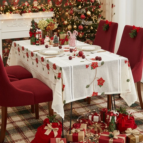 Nappe De Noël En Dentelle Polyester Broderie Poinsettia Cloche Motif Rectangulaire Pour Décoration De Salle À Manger