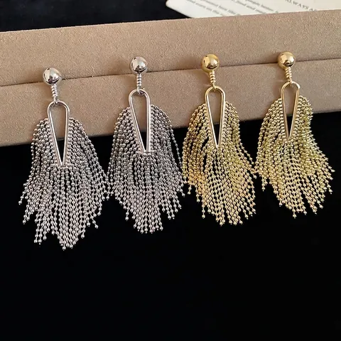 Vintage Geometric Tassel Dangle Earrings With 925 Sterling Silver Earring Post Chic Beaded Chain Long Copper Jewelry