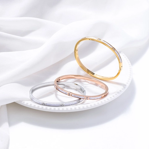 Stainless Steel Bangle For Women Gold Plated Mother Of Artificial Pearl Inlay With Cubic Zirconia Elegant Simple Jewelry