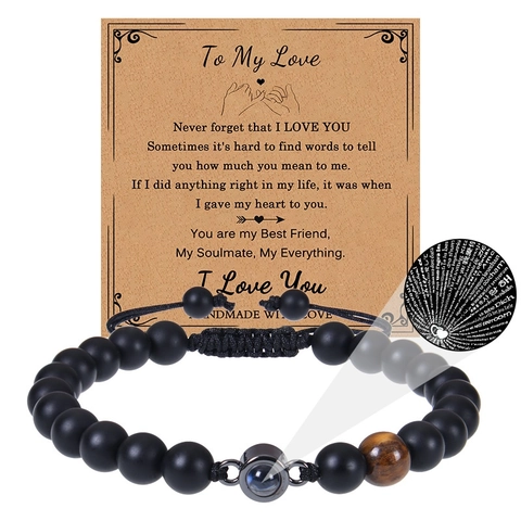 Natural Tiger Eye Stone Beaded Projection Bracelet Multiple Languages I Love You For Men Gift With Greeting Card