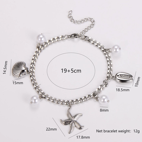 Pulsera De Dijes Temática Del Océano Acero Inoxidable 304 Chapado En Oro 18K Con Perla Artificial Estrella De Mar Concha
