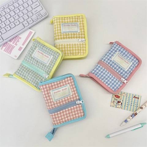 Aesthetic Quilted Gingham Loose Leaf Binder Mini Handbook Organizer Bag Ring Cotton Fabric Zipper Notebook Cover