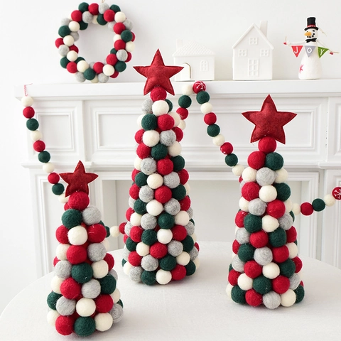 Decoración De Navidad Con Bolas De Fieltro De Lana Hecha A Mano Árbol Corona Guirnalda Adorno De Escritorio Pared