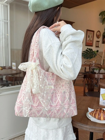 Kant Schoudertas Grote Capaciteit Bloemenborduurwerk Zoete Vintage Koreaanse Stijl Polyester Tote Bag Voor Student