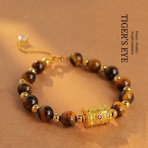 Retro Natural Tiger Eye Stone Beaded Bracelet With Golden Hollow Cylinder Copper Zircon Adjustable Chain Women Jewelry