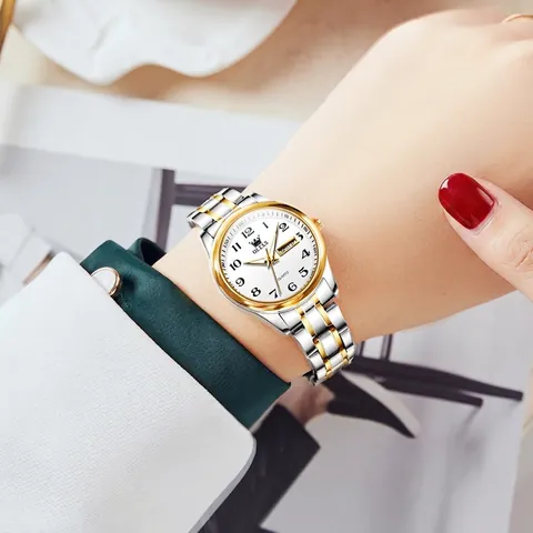 Ladies Quartz Watch Alloy Stainless Steel Luminous Week Calendar Analog Waterproof Casual Fashion Business Wristwatch