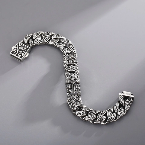 Bracciale Uomo Acciaio Inossidabile Vintage Punk Inciso Motivo Catena Pesante Stile Vichingo Gioielli Retro Regalo