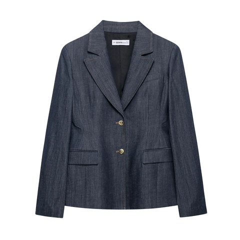 Dames Denim Blazer Jas Enkele Rij Gouden Knopen Reverskraag Losse Pasvorm Polyester Denim Bovenkleding