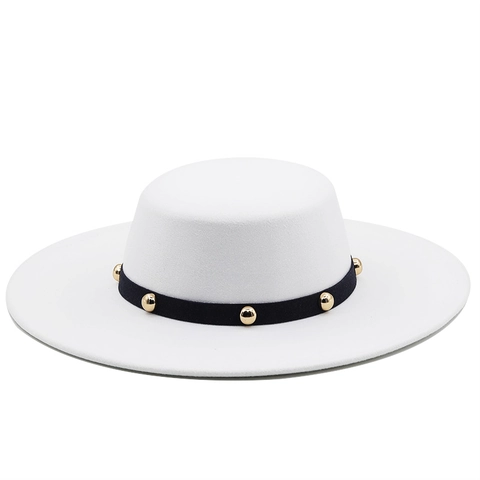 Sombrero Boater De Ala Ancha Textura Fieltro Cinta Negra Remaches Dorados Estilo Retro Británico Vintage Unisex